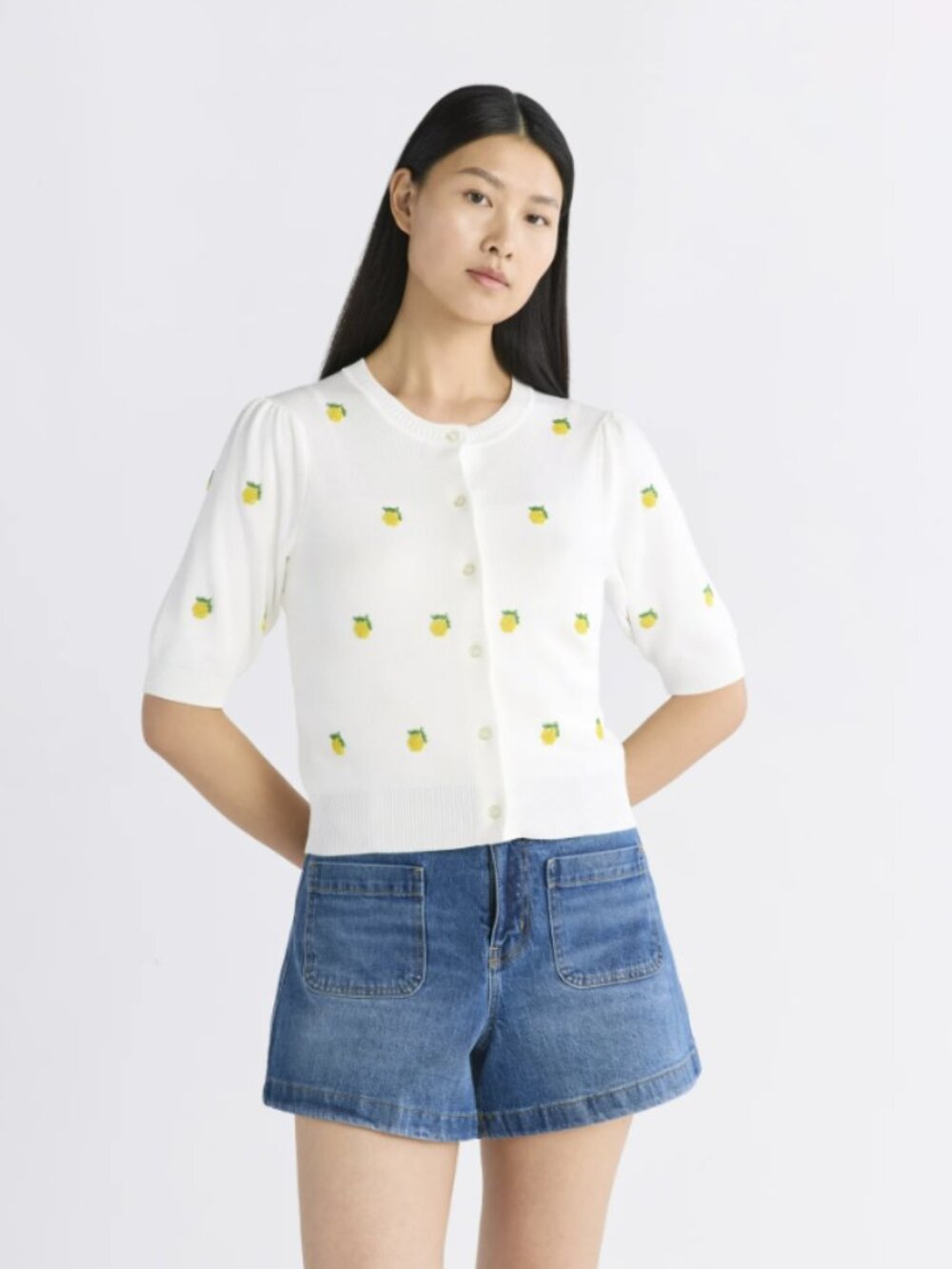 Soft White Pineapple-Beaded Embroidered Button Cardigan
